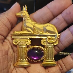 Vintage Egyptian Anubis Dog Brooch Pin Amethyst Signed JJ Gold Plated